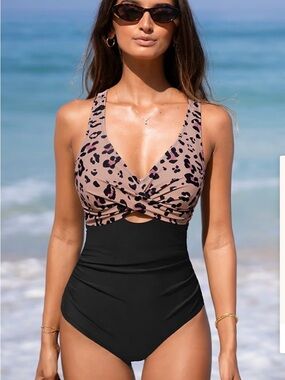 Leopard Print Cross Back Ruched One Piece Swimsuit Cupshe NWT